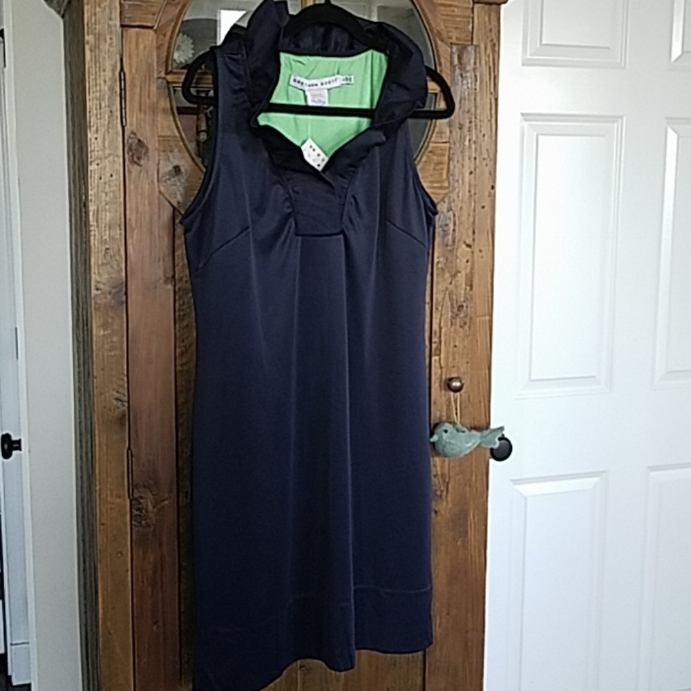Gretchen Scott Navy Ruffled Neck Sleeveless Dress